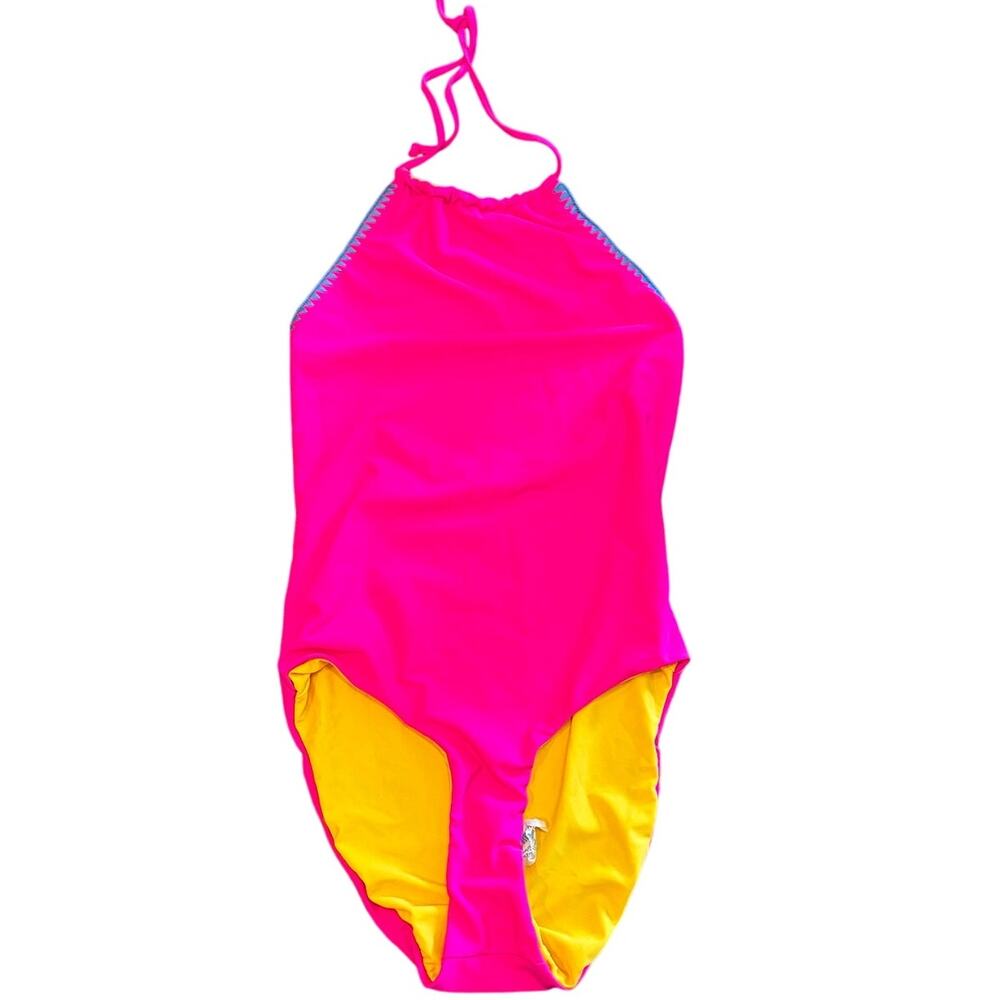 Venus Women's Size 8 Neon Pink & Yellow Blue Trim Reversible One Piece Swimsuit